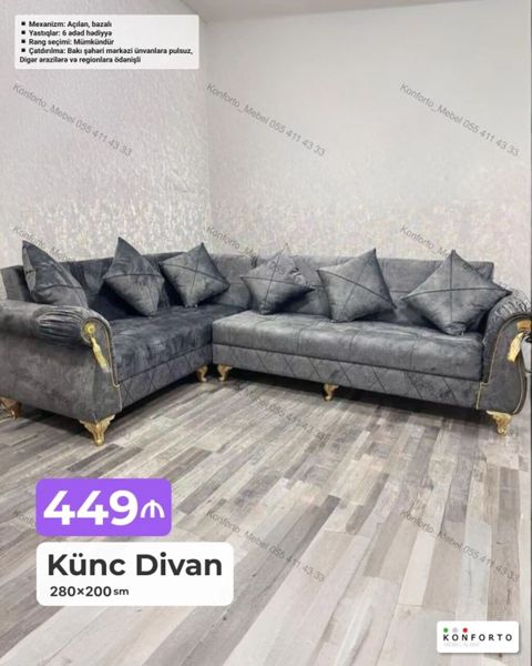 Künc Divan – 280×200 sm - Açılan mexanizmli, bazalı konstruksiya — Bakı