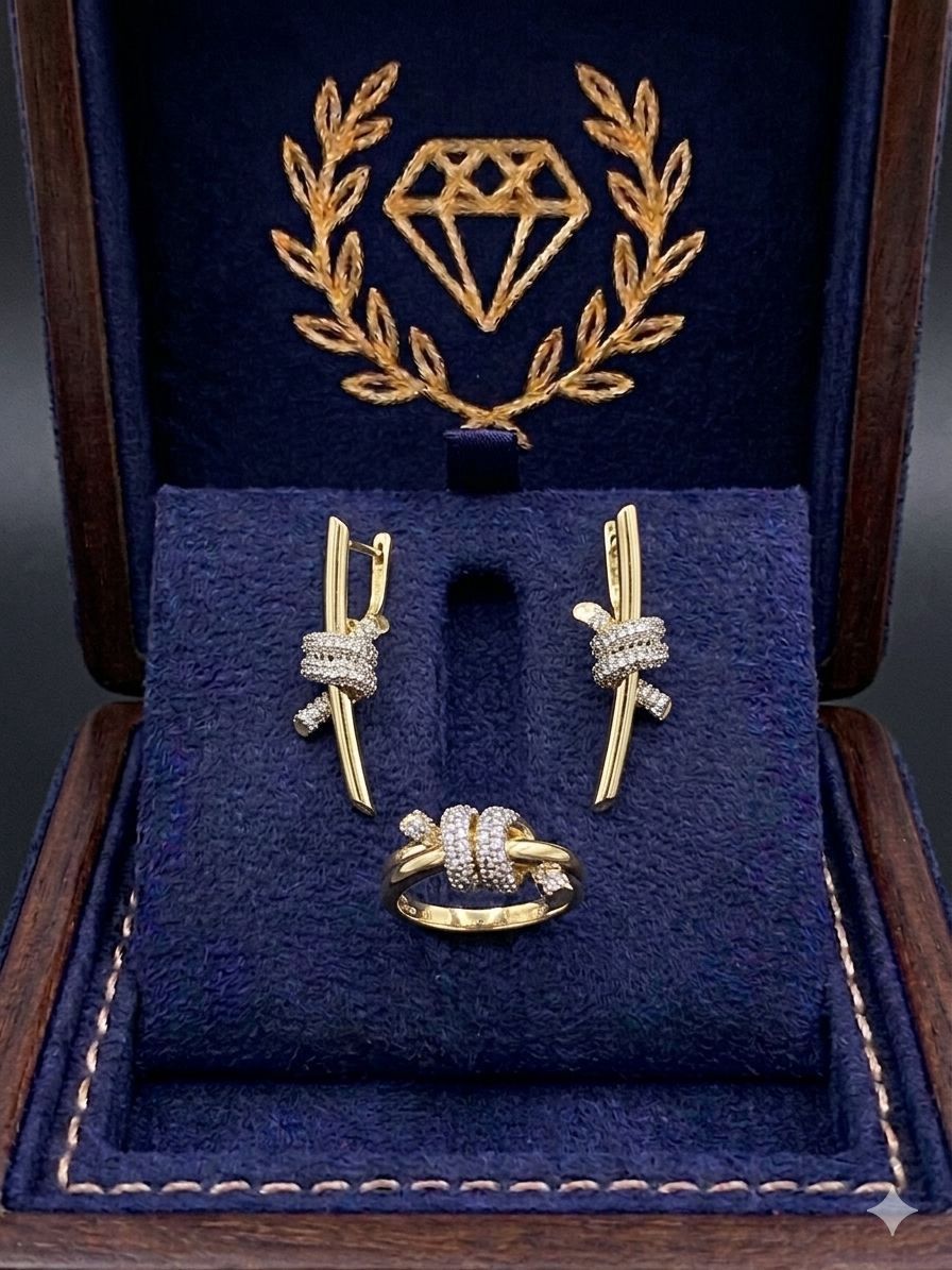 Qızıl Dəst Tiffany Knot Üslublu Sırğa və Üzük Dəsti 585 əyar — Mallar, Bakı (2)