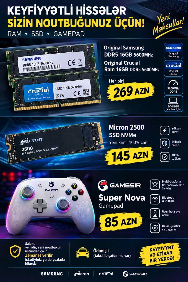 RAM, Samsung 16GB DDR5 Sodimm 5600mhz — Kompüterlər və noutbuklar, Bakı