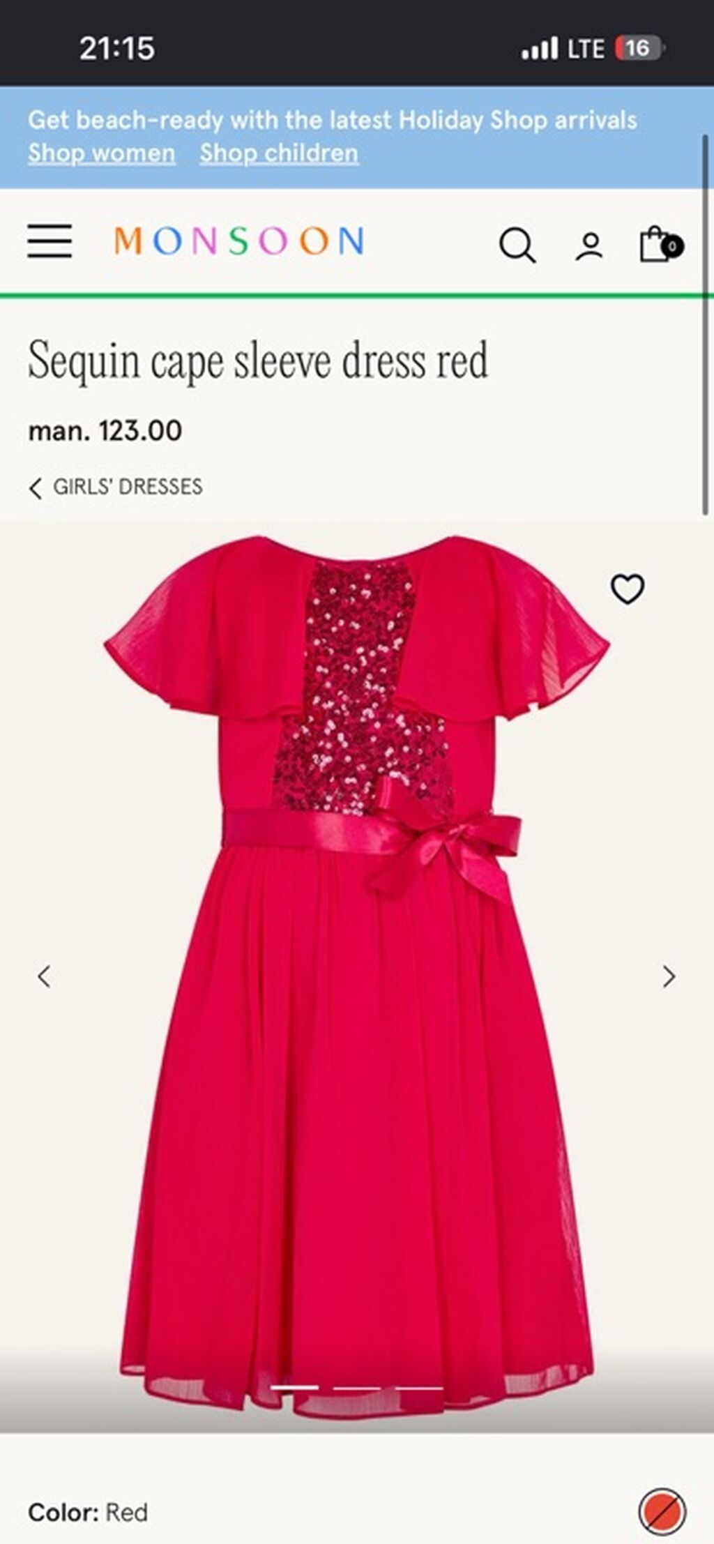 Princess Charlottes style Monsoon Sequin Cape Sleeve Dress – Qırmızı — Qızlar üçün köynək və sarafan, Bakı (4)