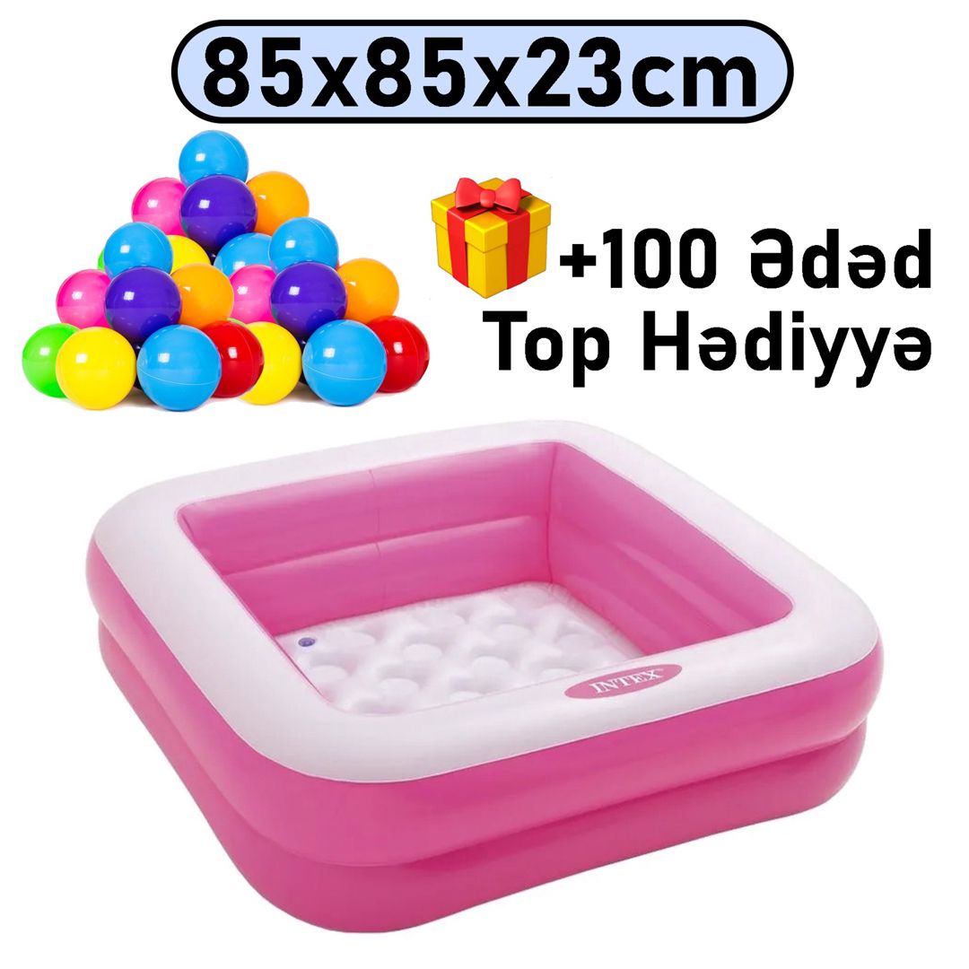 Uşaqlar üçün şişmə hovuz Intex 57TX57100PT100, çəhrayı, 85x85x23 sm, 57 l + 100 ədəd top hədiyyə — Hovuzlar, Bakı