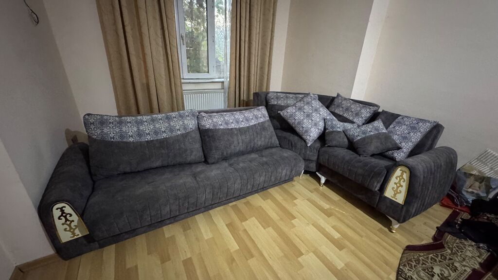 Künc divan dəsti 2 nin 3ə açılır,bazalı– tünd boz rəng, yumşaq — Yumşaq mobilya dəstləri, Qobu (2)