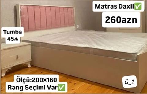 İkili yataq dəsti – matras daxil. - Ölçü: 200×160 - Rəng seçimi var — საძინებლის ავეჯის კომპლექტები