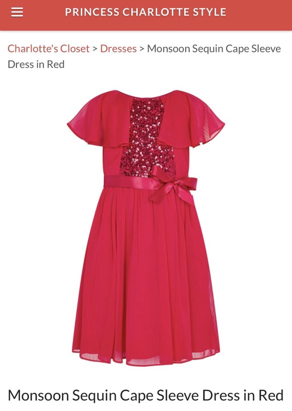 Princess Charlottes style Monsoon Sequin Cape Sleeve Dress – Qırmızı — Qızlar üçün köynək və sarafan, Bakı (2)