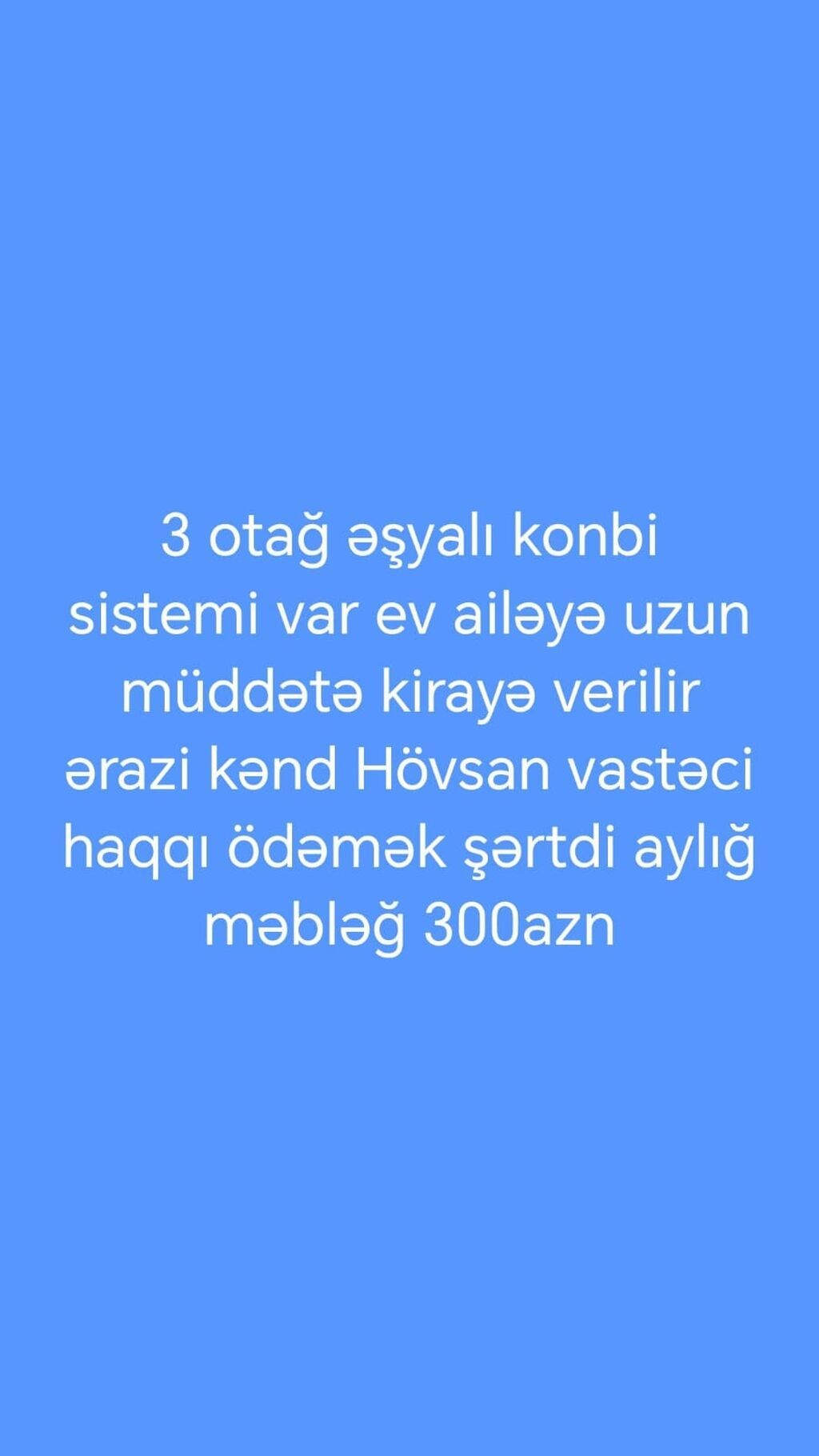 Hövsan kəndi ərazisində 3 otaqlı, əşyalı mənzil kirayə verilir. Evdə — Mənzil, Bakı