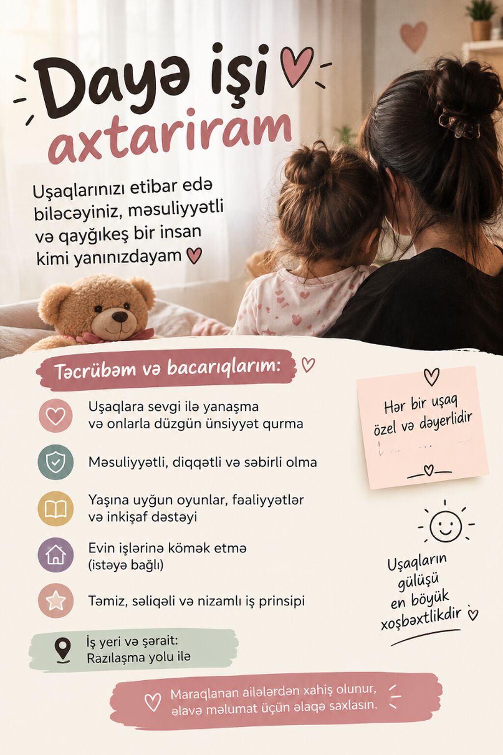 Uşaqlara qarşı çox diqqətli, səbirli və qayğıkeşəm. Uşağınızın — Ev personali və təmizlik, Bakı