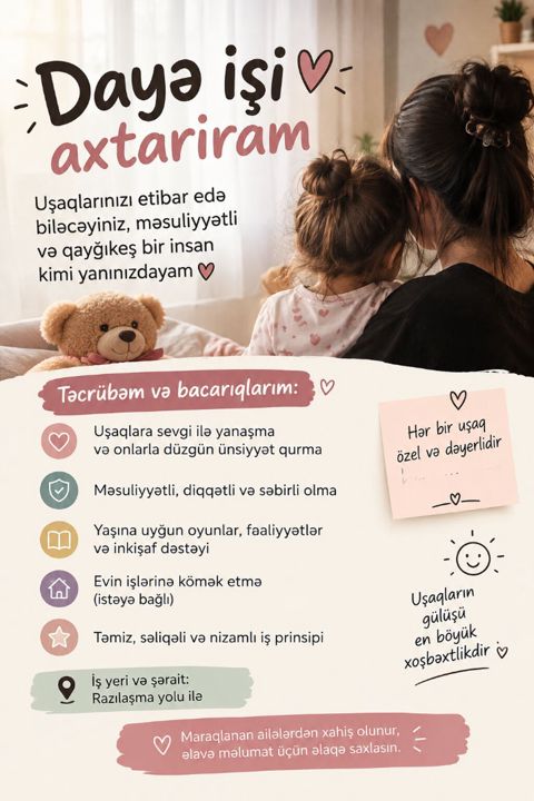 Uşaqlara qarşı çox diqqətli, səbirli və qayğıkeşəm. Uşağınızın — Bakı