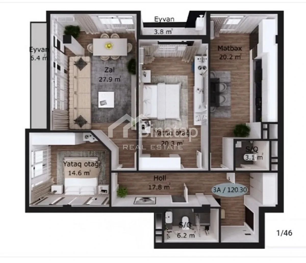Satılır 3 otaqlı yeni tikili 120.3 m², İnşaatçılar metrosu, Yasamal rayonu — Mənzil, Bakı (3)