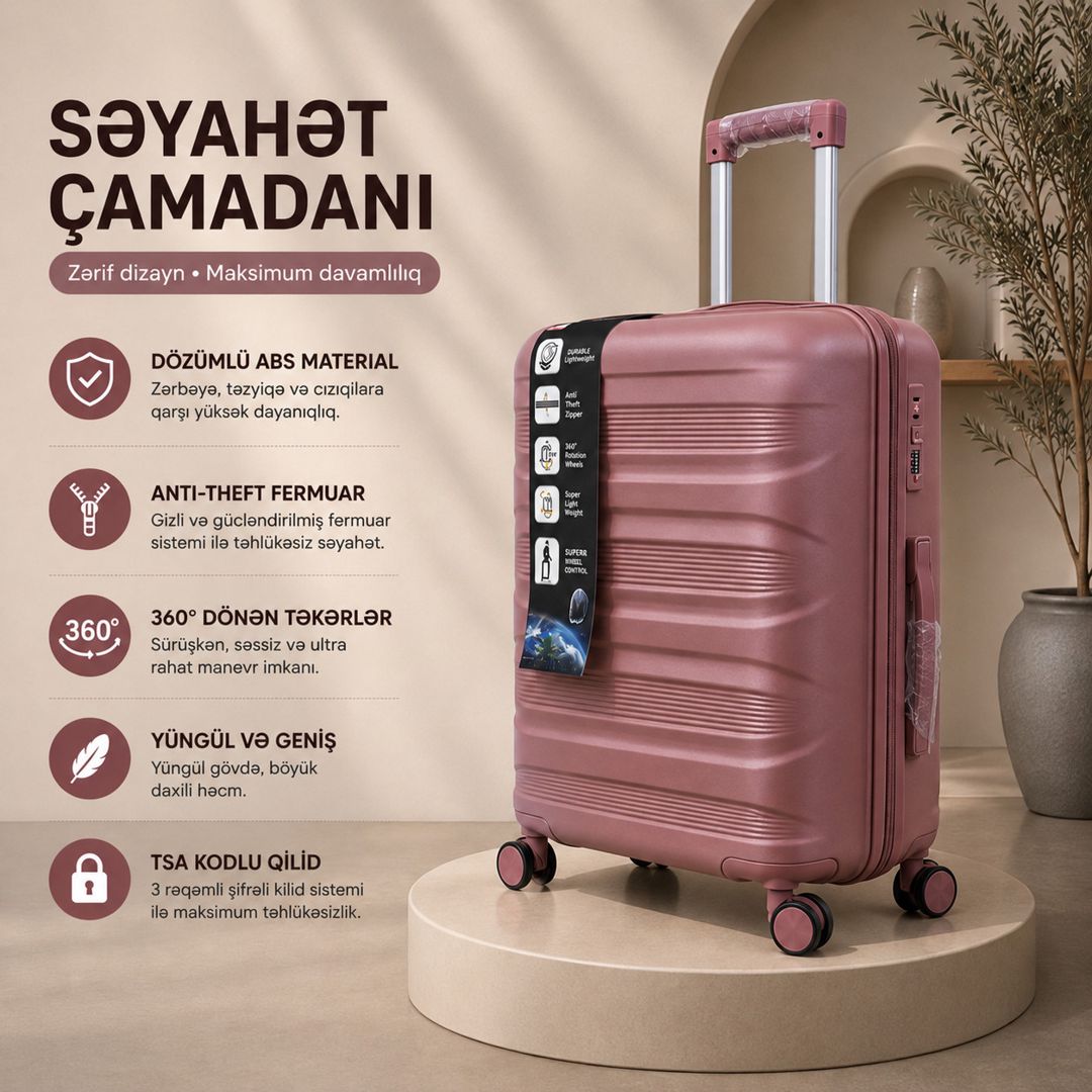 Çamadan 4 təkərli 2513, ABS plastik, çəhrayı, ölçü L — Çamadanlar, Bakı
