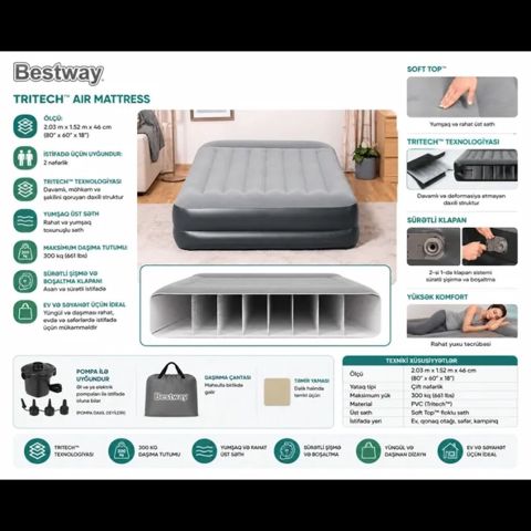 Bestway 67630 Tritech Şişmə Yataq, Queen Size (203 152 46 sm) — Bakı