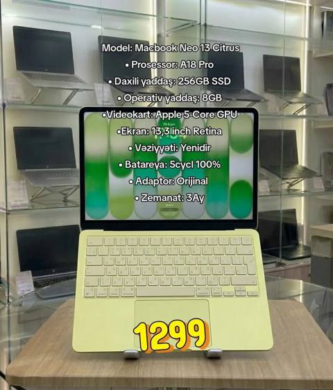 Model: MacBook Neo 13 Citrus (sitrus sarı rəng) Prosessor: A18 Pro — Bakı
