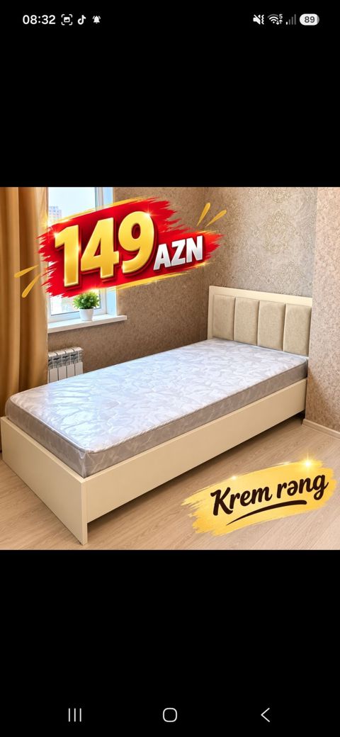 Krem rəng tək nəfərlik çarpayı - Rəng: krem - Başlıq: yumşaq panel — 149 ₼ · Xırdalan · Yataqlar Krem rəng tək nəfərlik çarpayı - Rəng: krem - Başlıq: yumşaq panel — Xırdalan