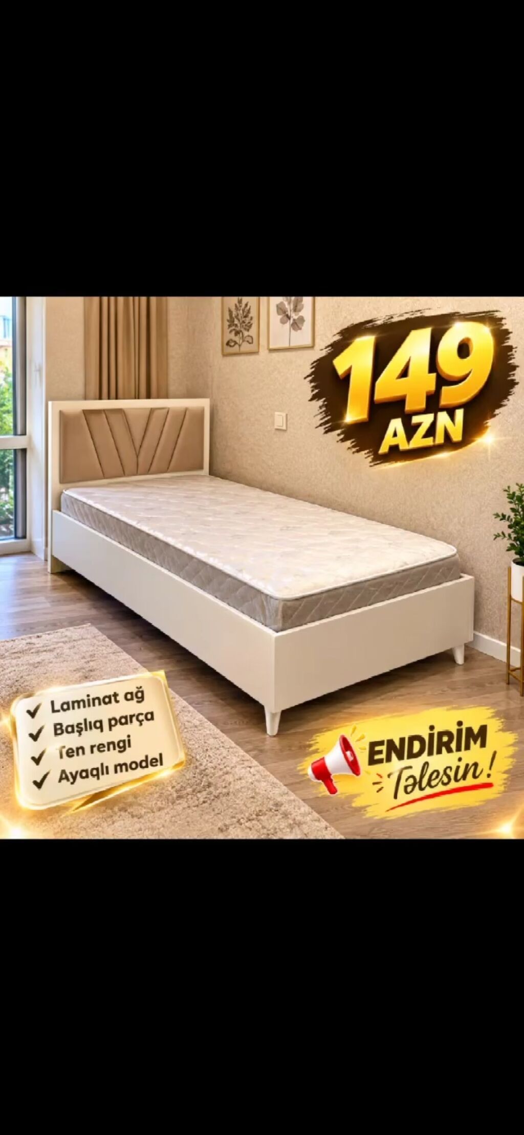 Tək nəfərlik çarpayı – 149 AZN - Material: laminat ağ - Başlıq — Yataqlar, Xırdalan