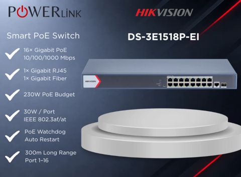 16 Port Gigabit Web-Managed PoE Switch Hikvision DS-3E1518P-EI — Powerlink Azərbaycan — Network and server equipment