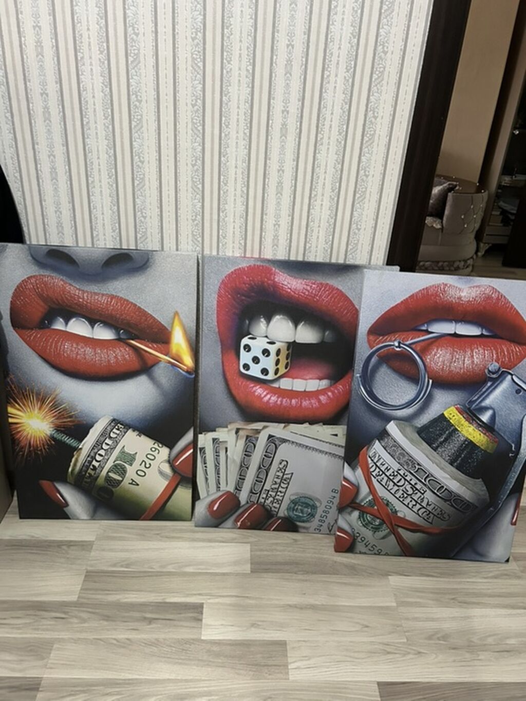 Mövzu: 3 parçalı müasir divar tablo seti – “Red Lips & Money” — Şəkillər, plakatlular və çərçivələr, Xırdalan (5)