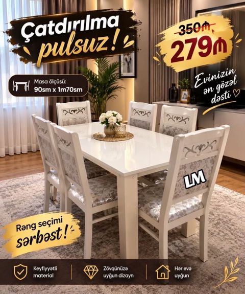 Masa dəsti Masa +6 Stull Masa bağlı: 90×1. 70:279₼ — Bakı