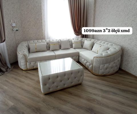 Künc divan dəsti: yumşaq krem rəngli məxməri üzlük, qızılı dekor — Bakı