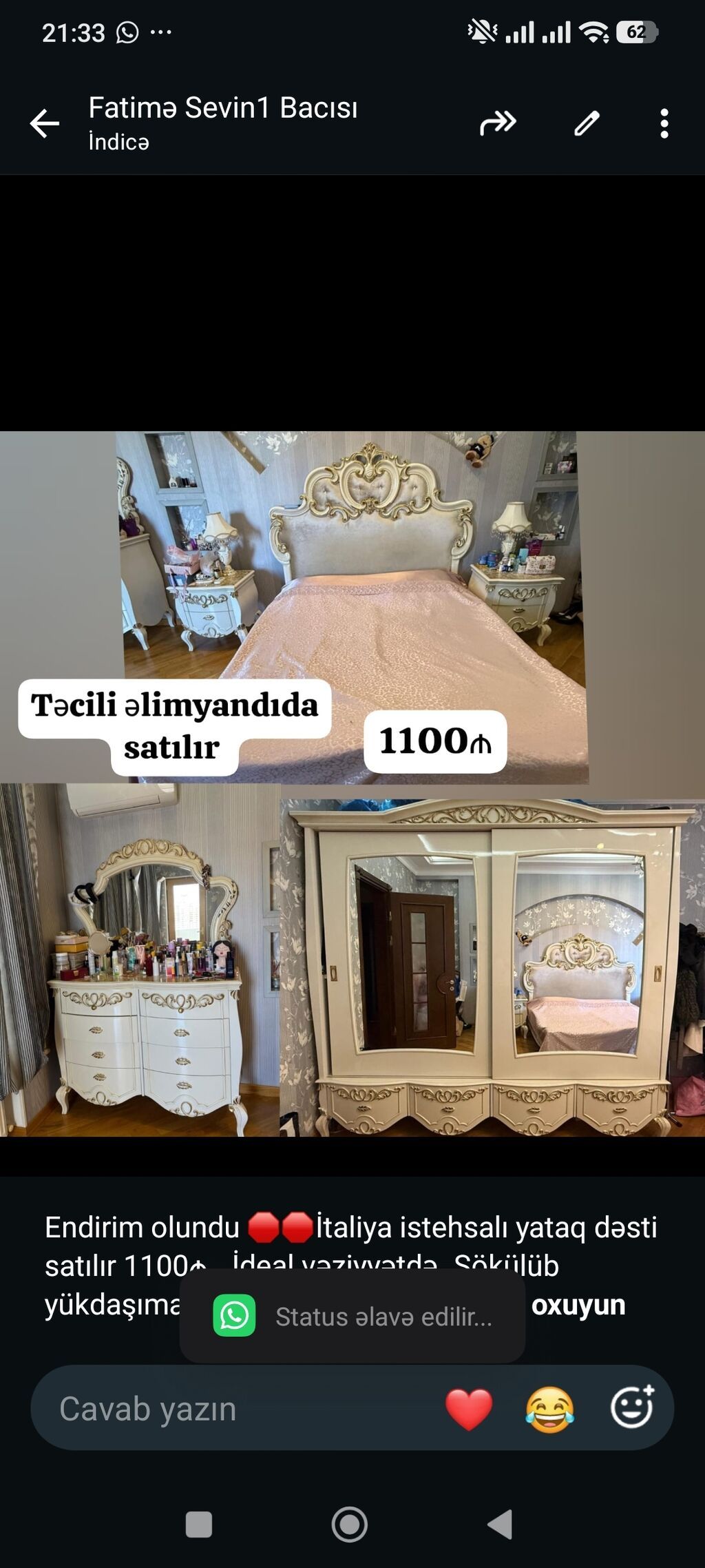 Endirim olundu İtaliya istehsalı yataq dəsti satılır 1100₼. İdeal — Yataq otağı mobilya dəstləri, Bakı