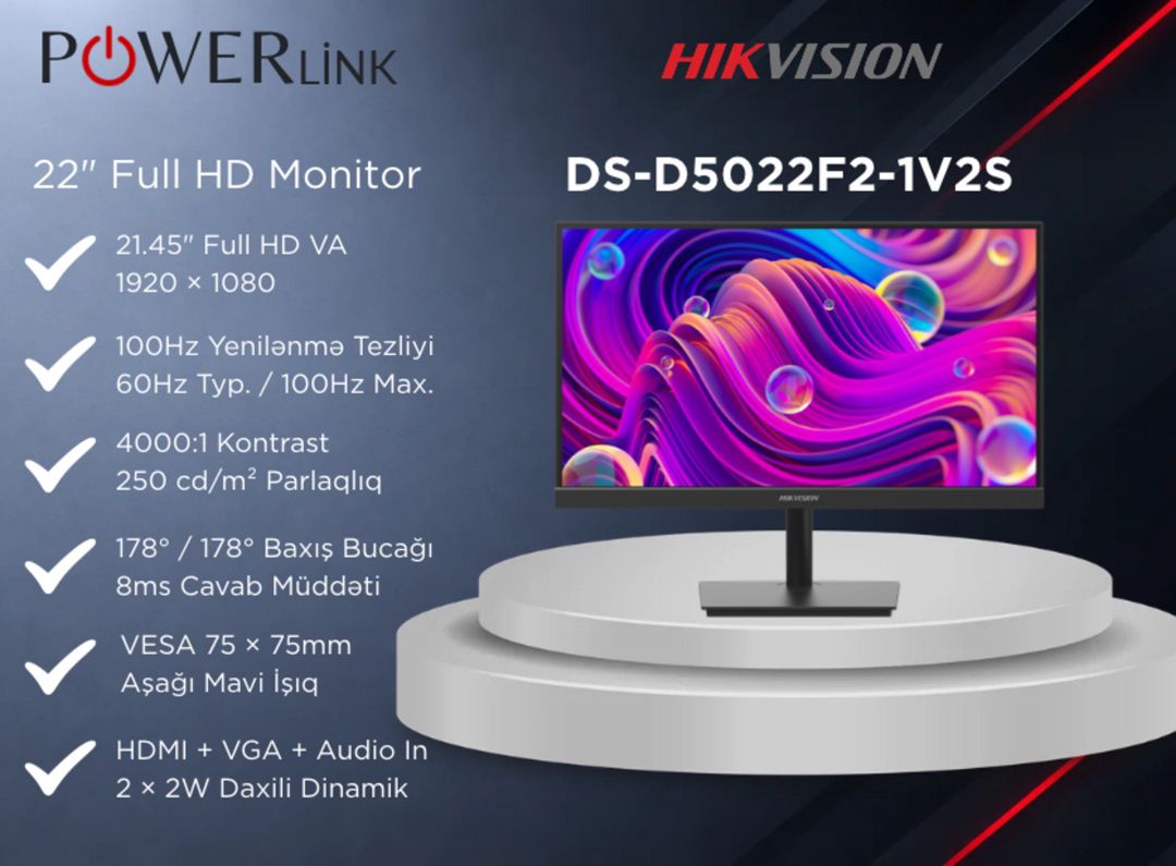 Full HD 100Hz 22" Monitor Hıkvısıon DS-D5022F2-1V2S — Kompüterlər və noutbuklar, Bakı