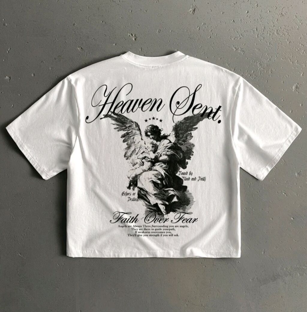 SheIn Unisex qısaqol T‑şört – “Heaven Sent” - Rəng: ağ - Ön hissə — Futbolka və polo, Bakı
