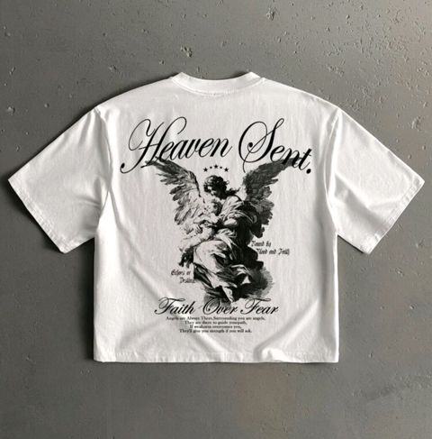 SheIn Unisex qısaqol T‑şört – “Heaven Sent” - Rəng: ağ - Ön hissə — Bakı