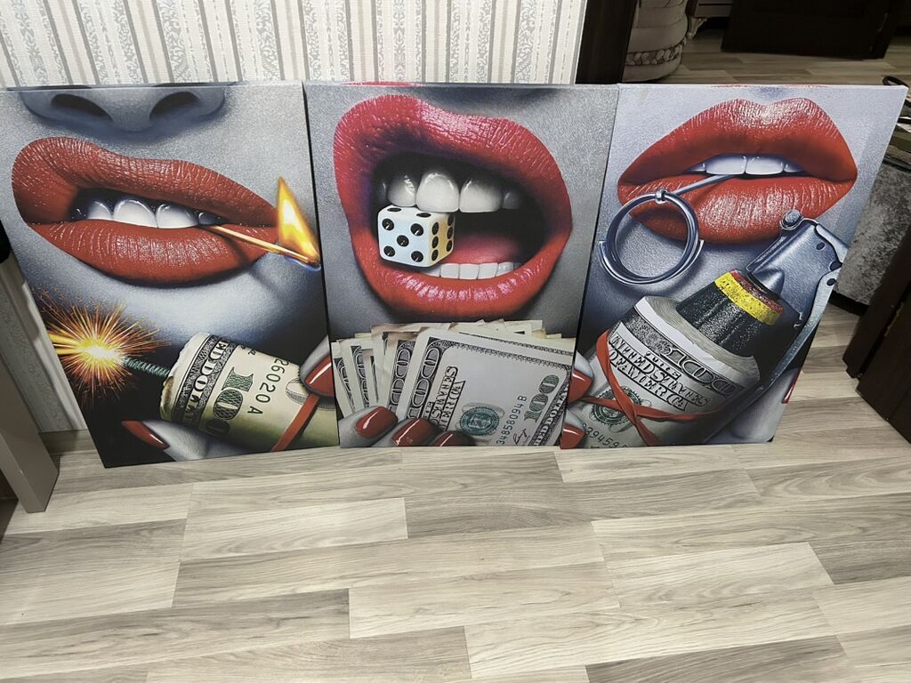 Mövzu: 3 parçalı müasir divar tablo seti – “Red Lips & Money” — Şəkillər, plakatlular və çərçivələr, Xırdalan (4)