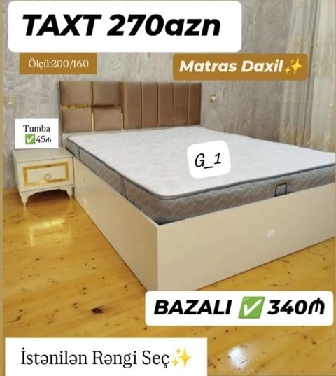 Taxt dəsti – ölçü 200×160 sm - Matras daxildir - Başlıqda yumşaq — 270 ₼ · Mehdiabad · Yataqlar Taxt dəsti – ölçü 200×160 sm - Matras daxildir - Başlıqda yumşaq — Mehdiabad
