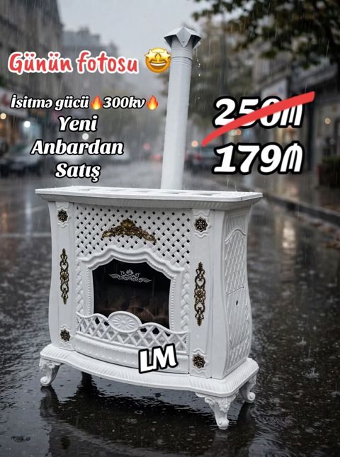 Ağ rəngdə dekorativ dizaynlı odun sobası - İsitmə gücü: 300 kv — Bakı