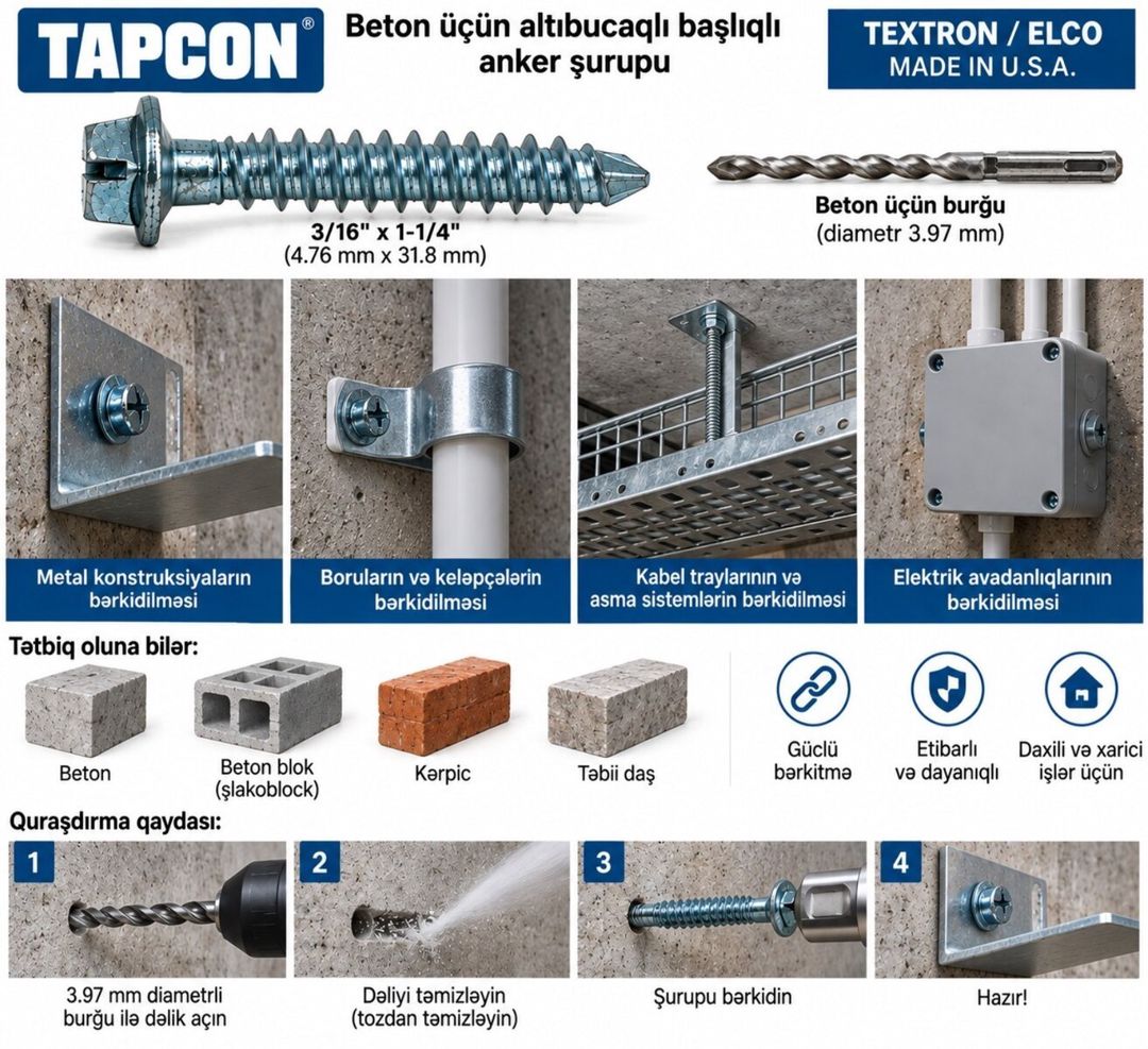 Orijinal Tapcon beton şurupu 4.76 31.8 mm – ABŞ — Təmir və inşaat, Bakı (5)