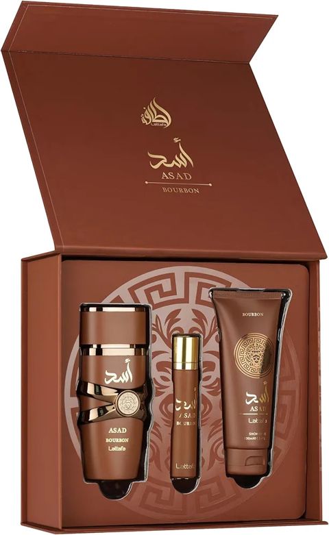 Lattafa Perfumes Asad Bourbon kişilər üçün ətir dəsti (ətir suyu 100 ml + duş geli 100 ml + ətir nümunəsi 20 ml) — Bakı