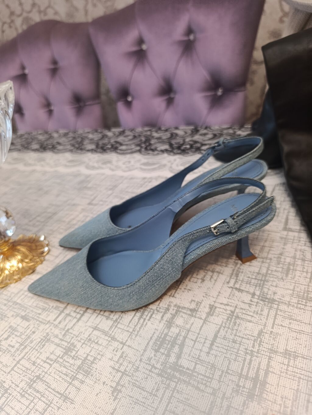 Mavi rəngli qadın slingback balet-tufliləri - Material: denim/parça — Tufl, Digah (2)