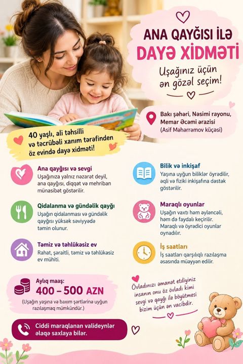 Ana qayğısı ilə dayə xidməti Xidmət yeri: Bakı şəhəri, Nəsimi — 450 ₼ · Bakı · Nyanya, upa Ana qayğısı ilə dayə xidməti Xidmət yeri: Bakı şəhəri, Nəsimi — Bakı