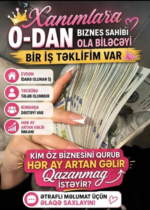 Xanımlar üçün evdən idarə olunan biznes təklifi - 0-dan biznes sahibi — 5 ₼ · Bakı · Hazır biznes Xanımlar üçün evdən idarə olunan biznes təklifi - 0-dan biznes sahibi — Bakı