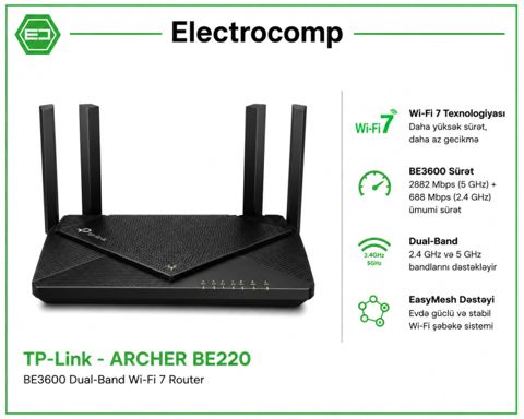 Router TP-Link Archer BE220 – BE3600 Dual-Band Wi-Fi 7 — Bakı