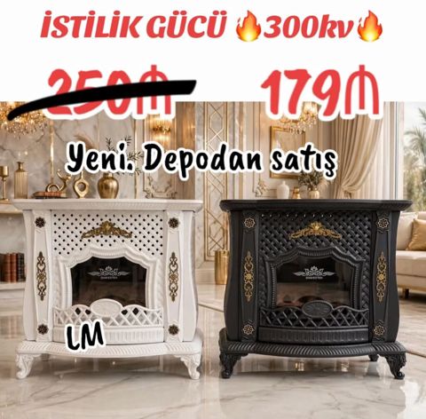 Elektrik kamin sobası – klassik dizaynlı, dekorativ ön panel və şüşə — Bakı