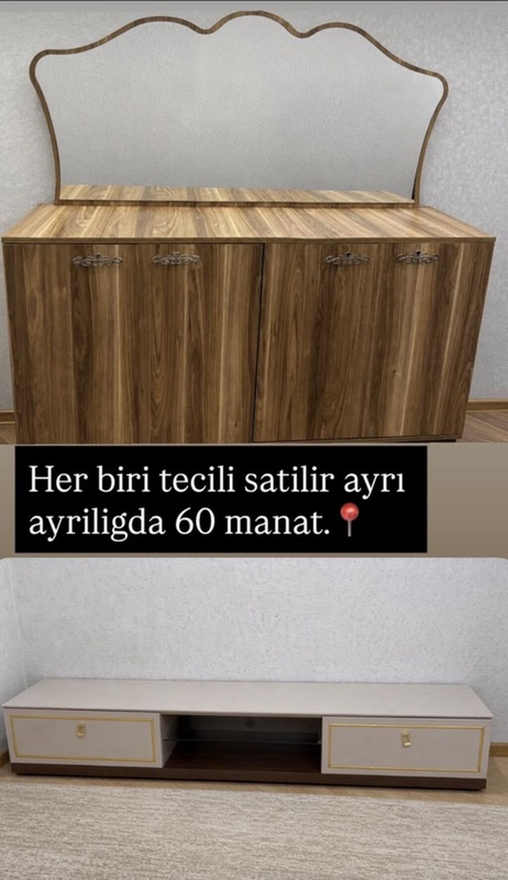 Mebel dəsti – güzgülü konsol və TV stendi 1) Güzgülü konsol — Qonaq otağı üçün, Bakı (2)