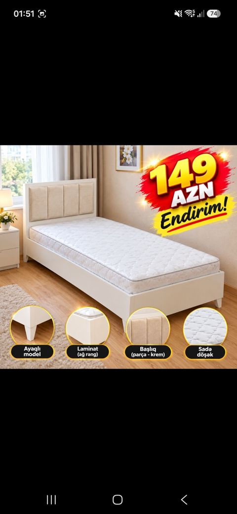 Tək nəfərlik ağ rəngli çarpayı və döşək dəsti. Xüsusiyyətlər — 149 ₼ · Xırdalan · Yataqlar Tək nəfərlik ağ rəngli çarpayı və döşək dəsti. Xüsusiyyətlər — Xırdalan