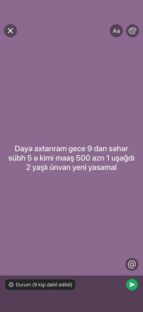 Dayə tələb olunur, Gecə növbəsində iş — 500 ₼ · Horadiz · Ev personali və təmizlik Dayə tələb olunur, Gecə növbəsində iş — Horadiz