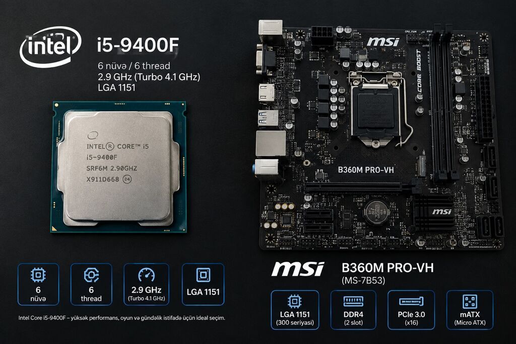 Intel Core i5-9400F prosessor + MSI B360M Pro-vh (MS-7B53) ana plata — Prosessor, Digah