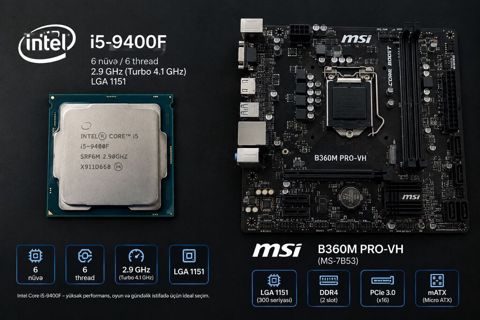 Intel Core i5-9400F prosessor + MSI B360M Pro-vh (MS-7B53) ana plata — Digah