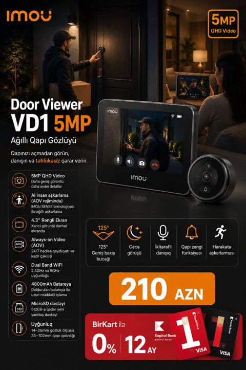 WiFi Qapı Kamerası 5MP Smart Qapı Gözlüyü Imou VD1 — Bakı