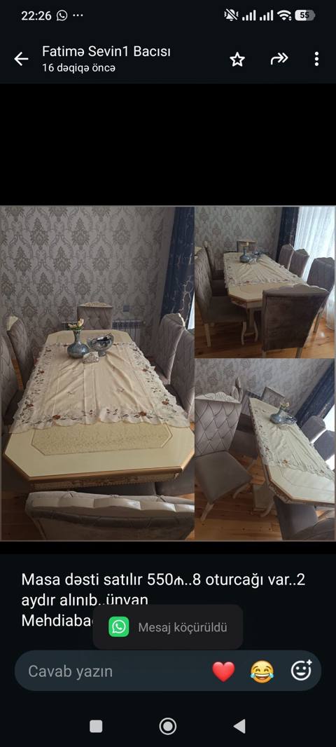 Masa dəsti satılır 550₼. 8 oturcağı var. 2 aydır alınıb. ünvan — Aişə Xanım — Үстелдер және орындықтар