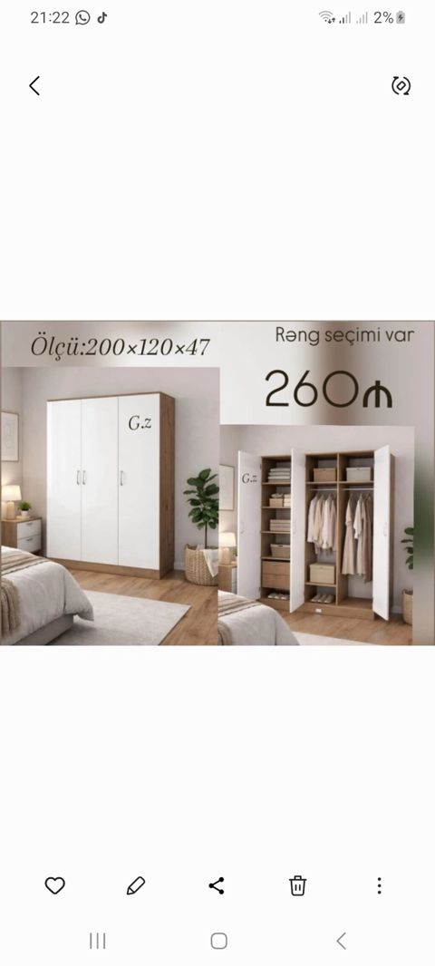 Üç qapılı geyim şkafı - Ölçü: 200 120 47 sm - Rəng seçimi var — Bakı