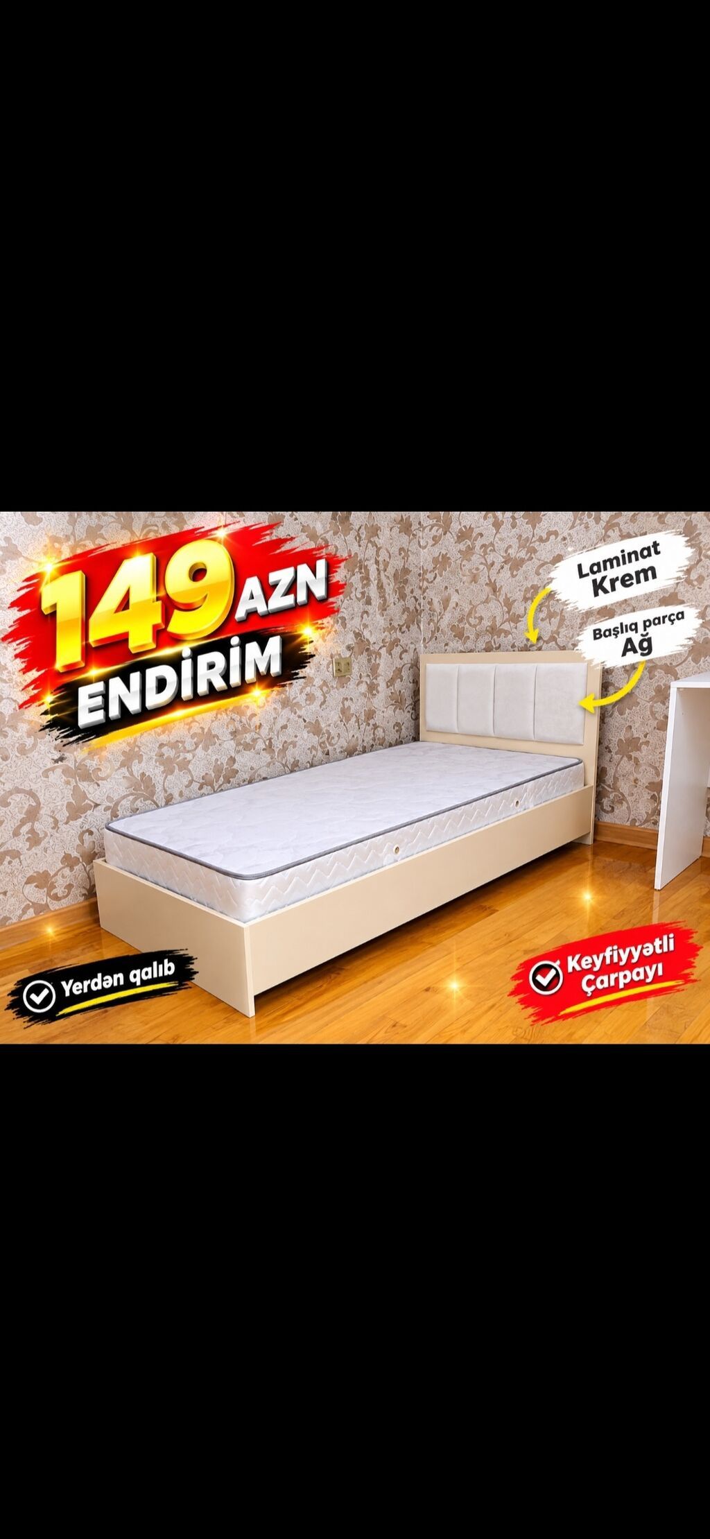 Tək nəfərlik keyfiyyətli çarpayı - Rəng: krem - Material: laminat — Yataqlar, Xırdalan