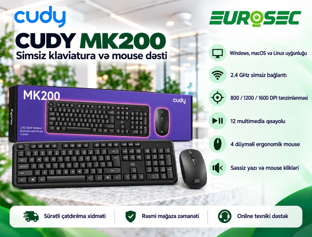 Cudy MK200 Wireless Keyboard and Mouse Combo Black — Periferik cihazlar, Bakı