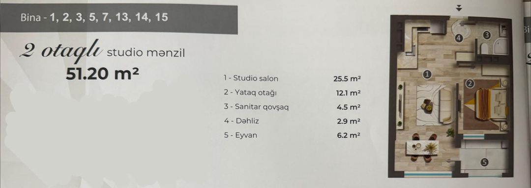 2 otaqlı studiya, 51.2 m², Sülh prospekti, giriş 26B, M6, m8, 26B (Sumqayıt Bağça Şəhər) — Mənzil, Sumqayıt (10)