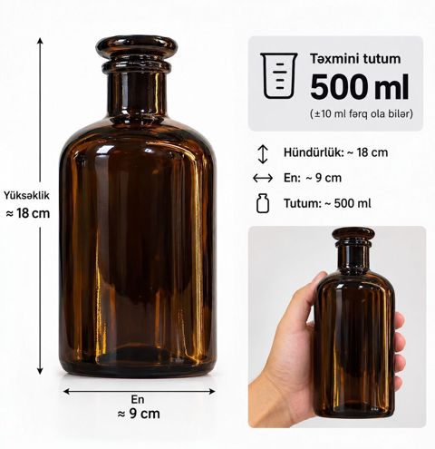 Qəhvəyi şüşə butulka – 500 ml - Təxminən tutum: 500 ml (±10 ml fərq — Bakı