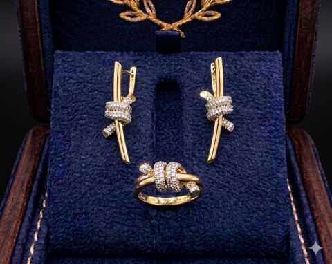 Qızıl Dəst Tiffany Knot Üslublu Sırğa və Üzük Dəsti 585 əyar — Bakı