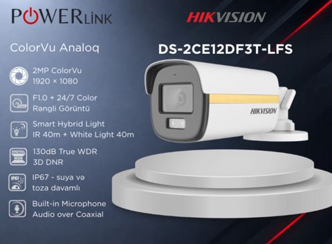 ColorVu Smart Hybrid Light Bullet Analoq Kamera Hıkvısıon DS-2CE12DF3T-LFS 2MP 2.8mm — Bakı