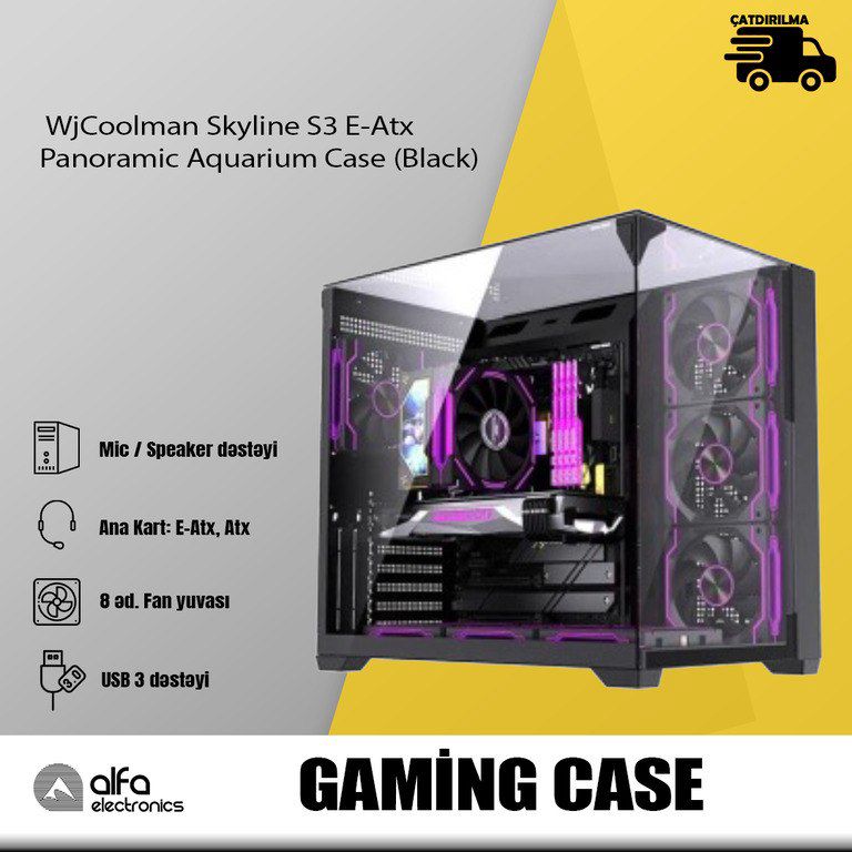WjCoolman Skyline S3 E-Atx Panoramic Aquarium Case (Black) — Kompüterlər və noutbuklar, Bakı